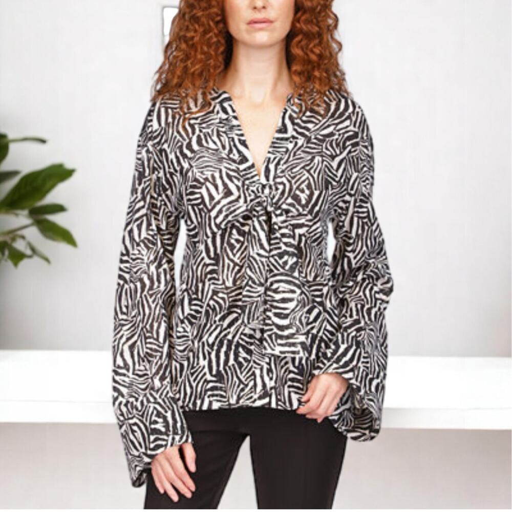 Michael Kors Black Zebra Print Button Up Blouse Large Tunic Top Tie Front V Neck